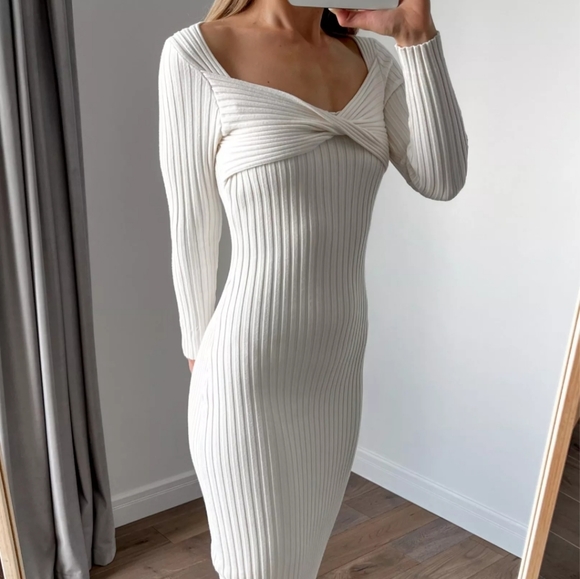 Square Neck Long Sleeve Ribbed Knit Midi Dress - Picture 7 of 15